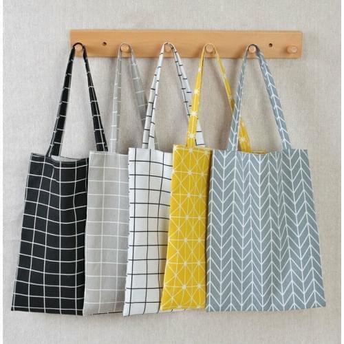 Fashion Reusable Shopping Tote Bag Handbag Cotton Linen Plaid Shoulder Bag