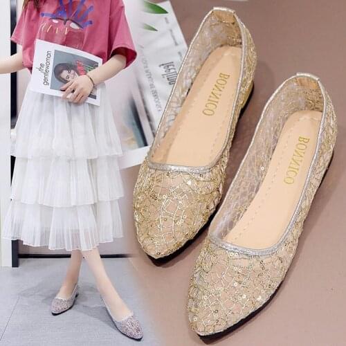 Womens flat shoes mesh low top ballet round head light buckle casual shoes lazy shoes large size 35-42 flat sandals