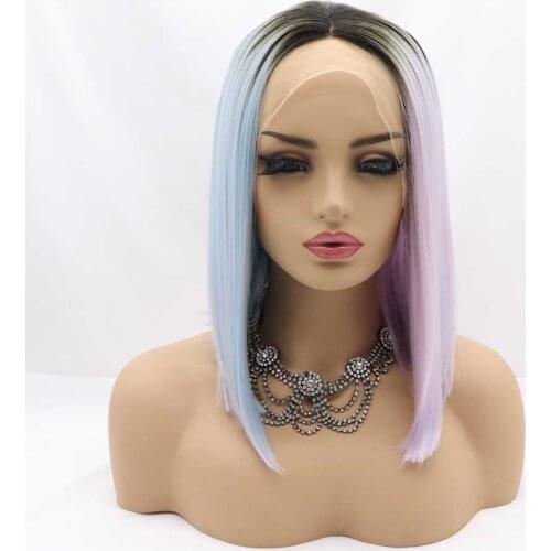 Sylvia Half Blue Half Pink Ombre Synthetic Lace Front Wigs For Women Hair With Dark Roots Heat Resistant Fiber Short Hair Wigs