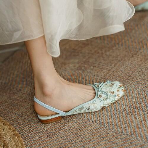 Elegant High Quality Silk Embroidery Flats Womens Nude Muller Shoes Summer Ladies Casual Bow Flat Shoe Ladies Slingbacks 40