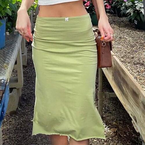 Bow High Waist Green Skirt Casual Fashion Bodycon Sexy Elegant Midi Skirts 2021 Summer Solid Split Y2k Streetwear Women Skirt