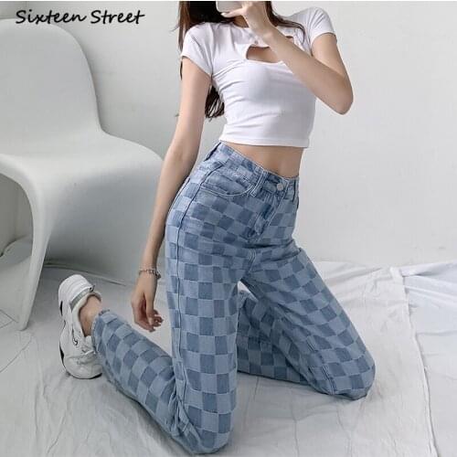 Streetwear Plaid Denim Jeans Woman Straight Leg Pants High Waist Vintage Loose Jeans Mom Korean Blue Runway Bottom Woman