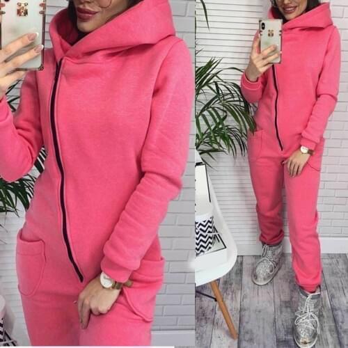 Fleece Long Sleeve Women Hooded Jumpsuit Rompers Solid Zipper Pockets Warm Romper Woman 2021 New Winter Casual Home Clothes