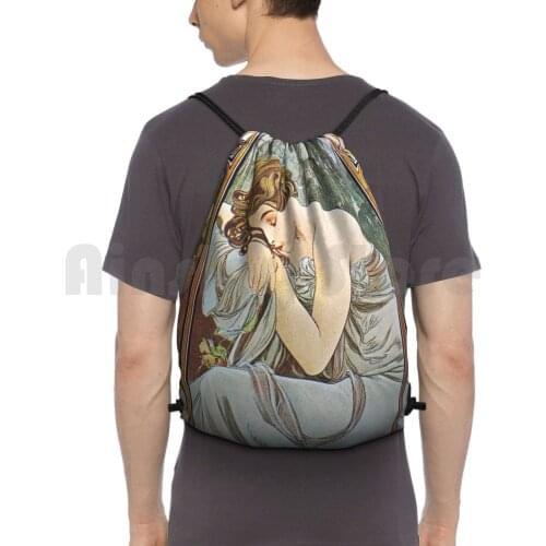 Alphonse Mucha-Nocturnal Slumber Backpack Drawstring Bag Riding Climbing Gym Bag Makeup Girls Spring Health Summer Face Eyes