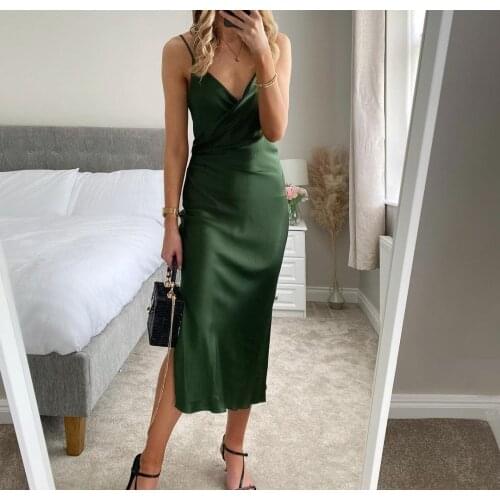 XEASY 2021 Summer Women Vintage Satin Dark Green Slim Dress Female Fashion V-Neck Folds Split Casual Party Sling Long Dresses