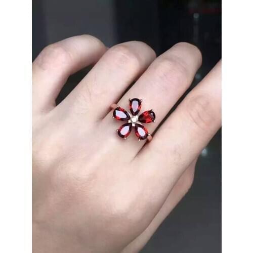 Natural red garnet gem Ring S925 Silver Natural Gemstone Fashion Elegant Flowers Ring Womens wedding gift Rings Jewelry