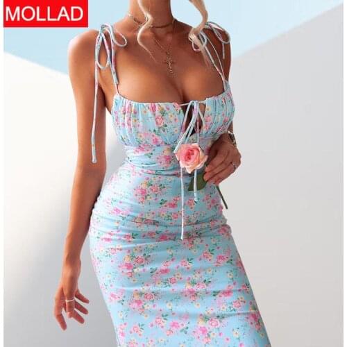 Fall 2020 New Hot Sexy Floral Pleated Backless Tied Spaghetti-Strap Long Dress for Women