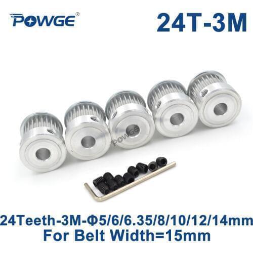 POWGE 5pcs 24 Teeth HTD 3M Timing Pulley Bore 5/6/6.35/8/10/12/14mm for Width 15mm 3M Synchronous belt HTD3M pulley 24T 24Teeth