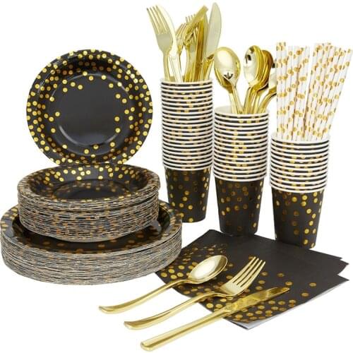 185PCS Black Gold Dot Bronzing Paper Disposable Tableware set thickened paper cup pie paper plate golden knife Party Supplies