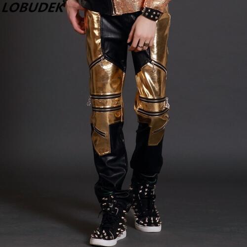 Golden black male pants Leather Trousers Nightclub Bar Singer Lead Dance Rock JAZZ dance performance leather Pants Stage costume