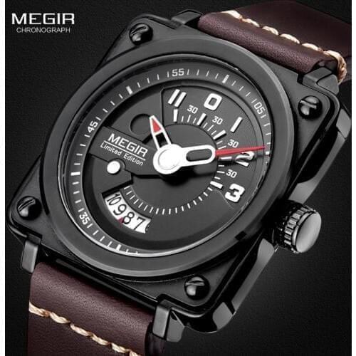 MEGIR Sport Men Watch Leather Strap Square Relogio Masculino Clock Men Quartz Military Watches Reloj Hombre with Watch Box 2040