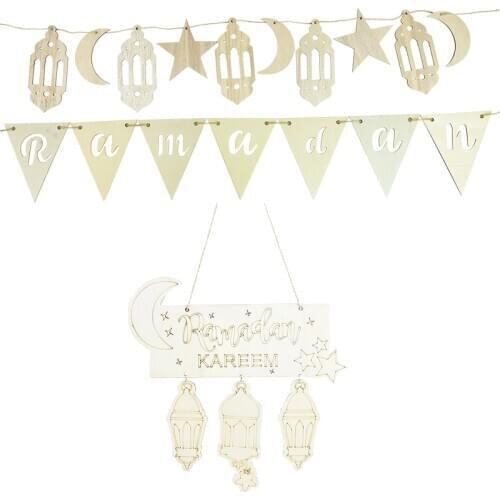 Eid Mubarak Wooden Ramadan Banner Bunting Decoration For Muslim Islam Eid Al-Fitr Party Favors Wood Hanging Ornaments