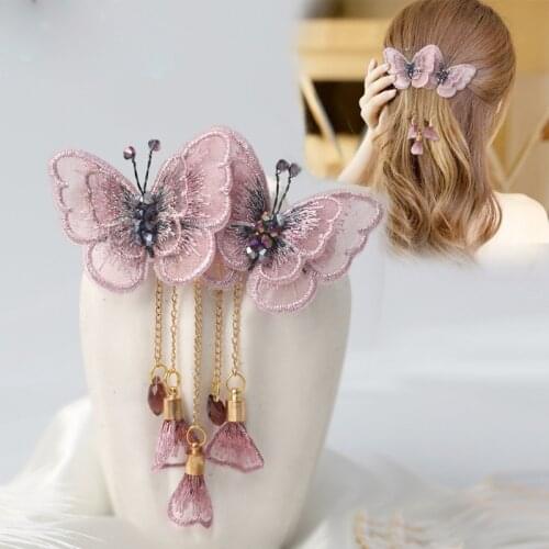 Elegant Embroidered Fabric Butterfly Hairpin Fashion Female Tassel Hair Clip Pins Handmade Jewelry for Girls Hair Accessories