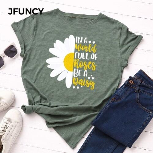JFUNCY Plus Size Summer T-shirt Women Cotton T Shirt New Sunflower Printed Tshirt Short Sleeve Loose Woman Tops Female Tee Shirt