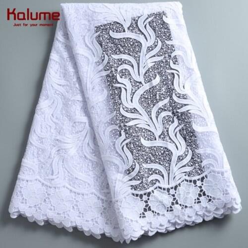 Kalume Pure White African Milk Silk Lace Fabric Embroidery French Milk Silk Lace Fabric With Sequin For Nigerian Party Sew F2270