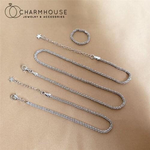 Pure Silver Jewelry Sets For Women 2.5mm Shine Star Chain Choker Necklace Bracelet Ring 3 pcs Wedding Jewellery Set Party Gift