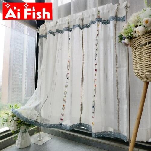 Rainbow Striped Short Curtains Kitchen Blue Lace Faux Linen Half Voile Door Cafe Small Sheer Window Blinds