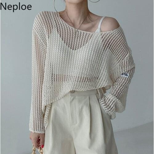 Neploe Simple O Neck Pullover Loose Top Women 2021 Summer Thin Hollow Out Sunscreen Sweater Blouse Korean All Match Casual Tops