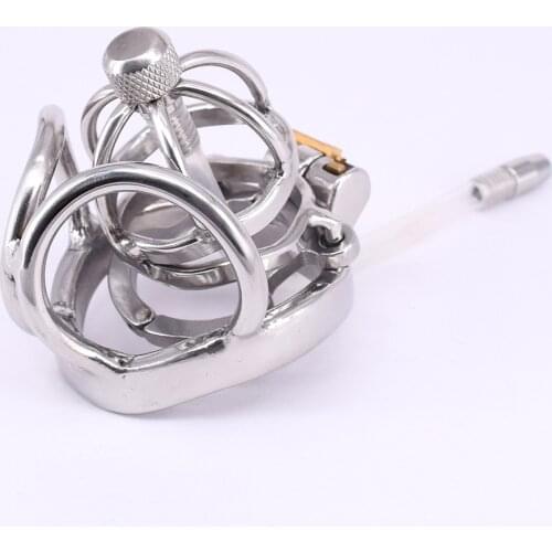 Stainless Steel Male Cock Cage with Anti-off Ring Metal Penisring Curved Testicle Restraints Gear Chastity Devices
