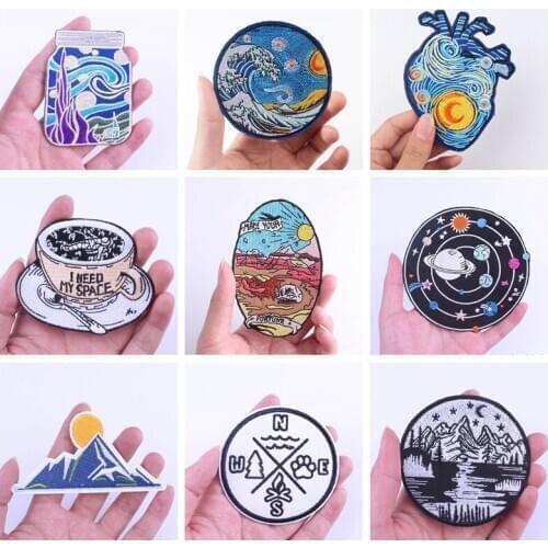 DIY Space Mountain Patch Travel Patches For Clothes Van Gogh Stickers Badge Iron On Patches For Clotheing Applique Stripes