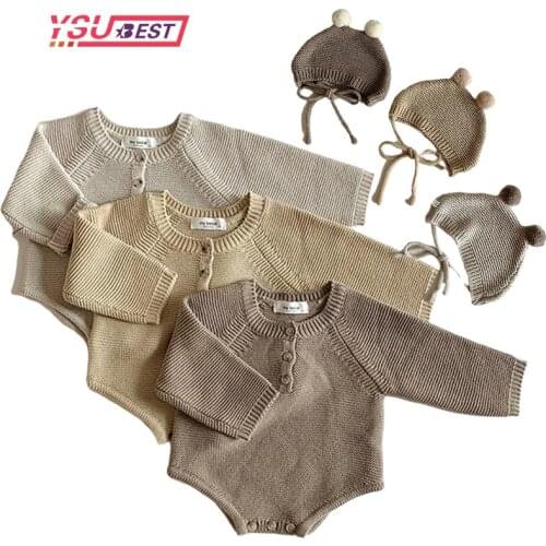 New Toddler Baby Boys Girls Knitted Bodysuit 2021 Autumn Infant Jumpsuit Knitwear Outfits Newborn Baby Sweater And Baby Knit Hat