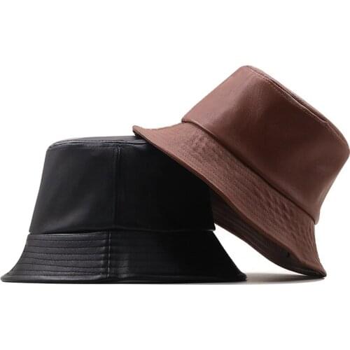Simple Leather Bucket Hat Women Reversible Pu And Cotton Soild Sun Hat Fashion Bob Panama Autumn Waterproof Girl Fisherman Hat