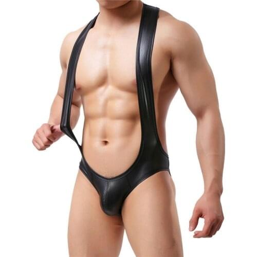 Sexy Men Undershirts Leotard PU Leather Black Bodysuit Jockstrap String Open Butt Wetlook Latex Jumpsuit Thongs Erotic Underwear