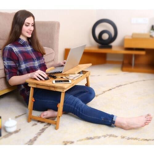 Adjustable table 100% bamboo folding breakfast service bed tray with tilting top drawer leg cover, bamboo color