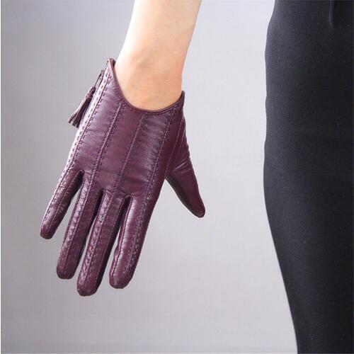 Touch Screen Gloves Genuine Leather Pure Imported Goatskin Tassel Zipper Short Style Dark Purple Female Touch Function WZP16
