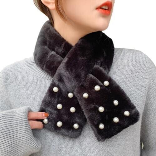 Korean Cute Faux Rex Rabbit Fur Warm Scarf Winter Female Thicken Double-Sided Plush Narrow Cross Neck Guard Pearl Scarves O69