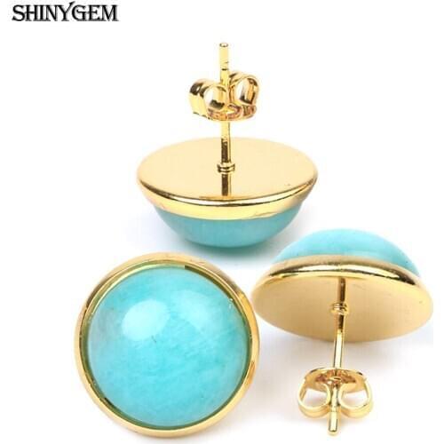 ShinyGem Natural Cabochon Stone Stud Shape Earrings Gold Plating Green Natural Stone Earrings Vintage Wedding Earrings For Women