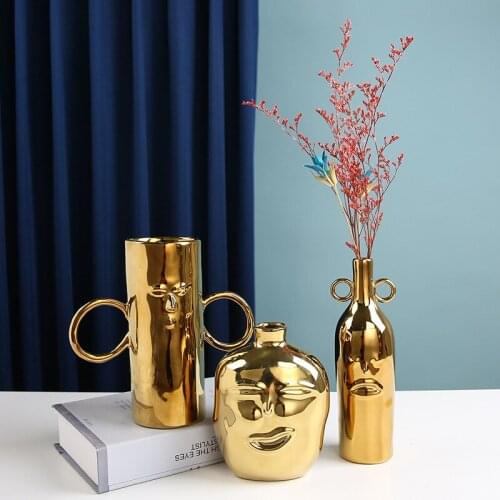 Nordic Creative Face Gold Plated Ceramic Vase Sculpture Ornament Dry Flower Bottle Living Room Table Home Decoration Accessories