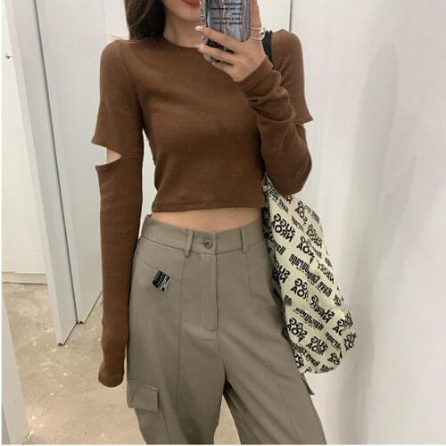 TSXT 2021 New Korean Autumn Fashion Casual Solid Color Round Collar Temperament Slim Long Sleeve T Shirt