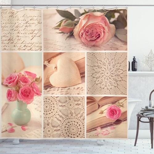 Vintage Rose Flower Shower Curtain Set Nostalgic Doily Lace Art Curtain for Bathroom Decor 12 Hooks Decorative Bath Accessory