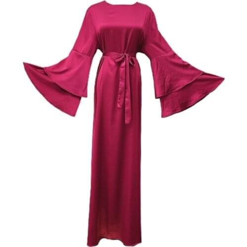 Y166 Ramadan Eid Women Maxi Dress Double Layer Flare Long Sleeve Abaya Muslim Kaftan Belted Solid Color Satin Robe Party Gown