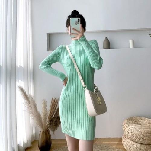 Turtleneck Pullover Long Sleeve Sweater Women Elegant Slim Dress Korean Fashion Simple Mid-length Slim Lady Spring Autumn Dress