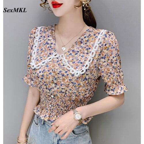 Summer Vintage Puff Sleeve Top Women 2021 Fashion Floral Printed Slim Corset Blouse Elegant Korean French Gothic Casual Blouses