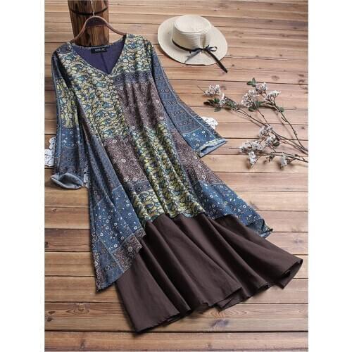 Women Dress 2020 cotton Vintage Floral Print O-neck Patchwork Dress Summer fashion loose large size
