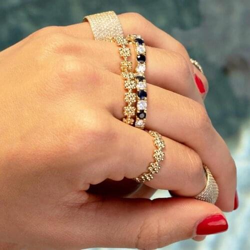 High quality Gold color tiny dots beaded daisy flower eternity band plain minimal delicate lovely stacking band ring for women