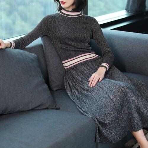 Winter Womens Sets Cashmere Sweater knit Suit skirt Women long section thick pullover sweater slim Knitwear skirt Sets Sweater
