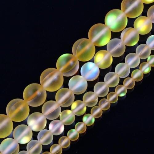15" Yellow Round Glitter Frosted Austria Crystal Dull Polish Moon Stone Loose Beads For Jewelry Making Bracelet Neck 6-12mm