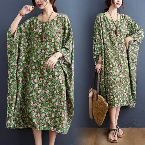4XL 5XL 6XL 7XL 8XL Cotton Maxi Dress Women Plus Size Art Print Boho Dress Robe Female Vintage Beach Batwing Sleeve Dress 100kg
