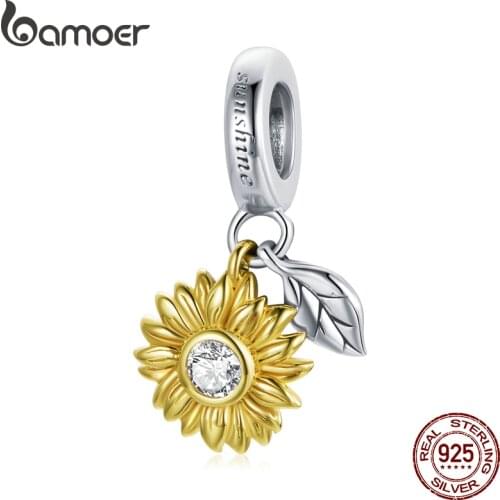 Bamoer 925 Sterling Silver Gold Color Shining Sunflower Charm Pendant Zircon for Original Bracelet Bangle Women Jewelry BSC462