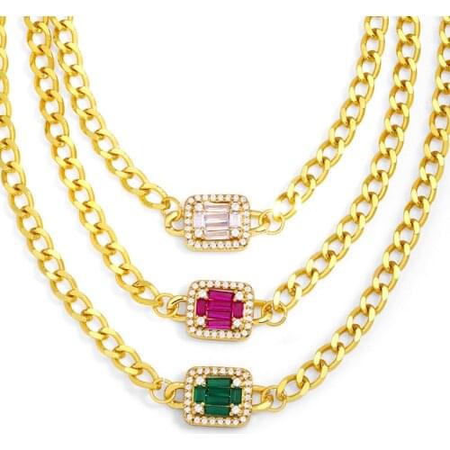FLOLA Gold Curb Link Chain Green Stone Necklace For Women Chunky Thick Crystal Pendant Necklace CZ Luxury Jewelry Gifts nkev31