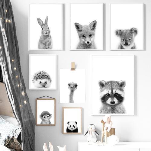 Black White Panda Koala Monkey Ostrich Nordic Posters And Prints Wall Art Canvas Painting Animal Wall Pictures Kids Room Decor