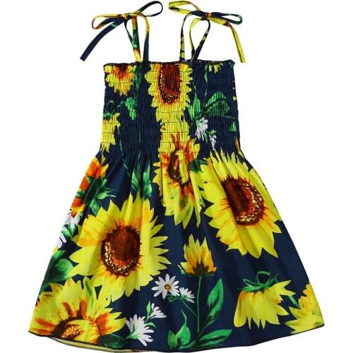 Summer Kids Girls Dress Fashion Sunflower Print Ruched Dress Sleeveless Strap Lace Up Dress for Children Girls Size 90-130