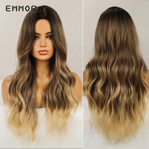 Emmor Long Body Natural Wavy Wig for Women Middle Part Synthetic Wave Wigs Fashion Heat Resistant Fiber Cosplay Party Hair Wig