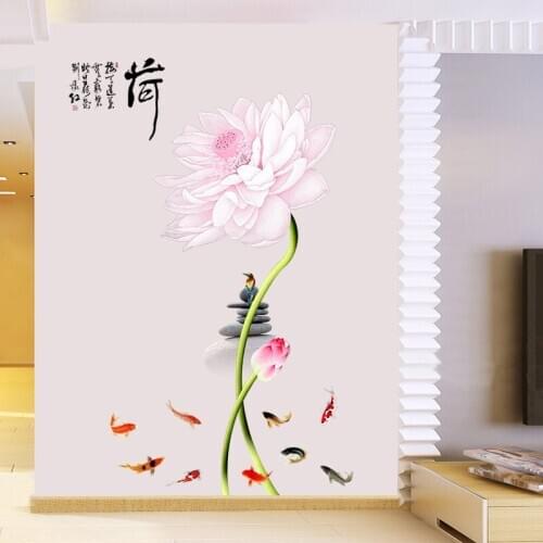 Chinese Style Pink Lotus Wall Stickers Flowers for Living Room Decor Waterproof Bedroom Sofa Background Art Wallpaper Home Decor