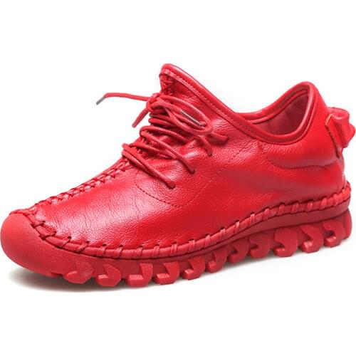 Handmade Genuine Leather Women Shoes Fashion Casual Sneakers Retro Flats Ladies Lacing Loafers Breathable Vulcanized Shoe Red 40