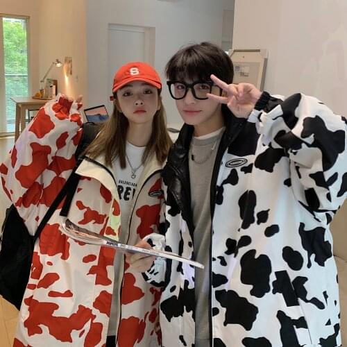 Cow Print New Oversized Jackets Men Women PU Leather Autumn Black/Khaki Faux Leather Coat Stand Collar Motor Biker Jacket